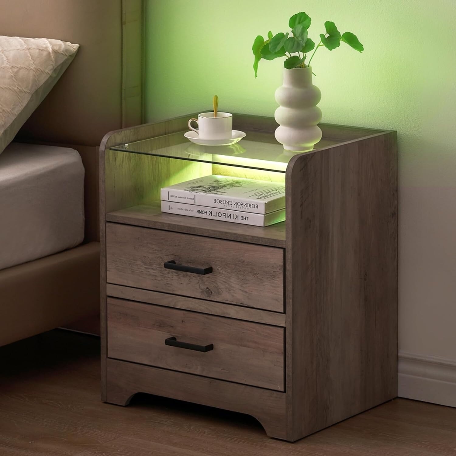 Wood nightstand with glass top discount