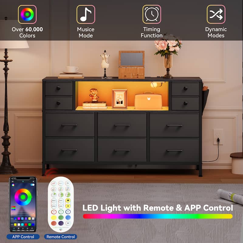 Moasis 10-drawer Dresser Media Console with Charging Station, RGB Lights, Side Pockets & Hooks