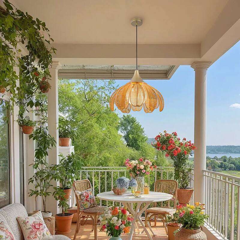 Kamala 1-Light Wicker Outdoor Pendant Light Coastal Boho Style Flower Handwoven