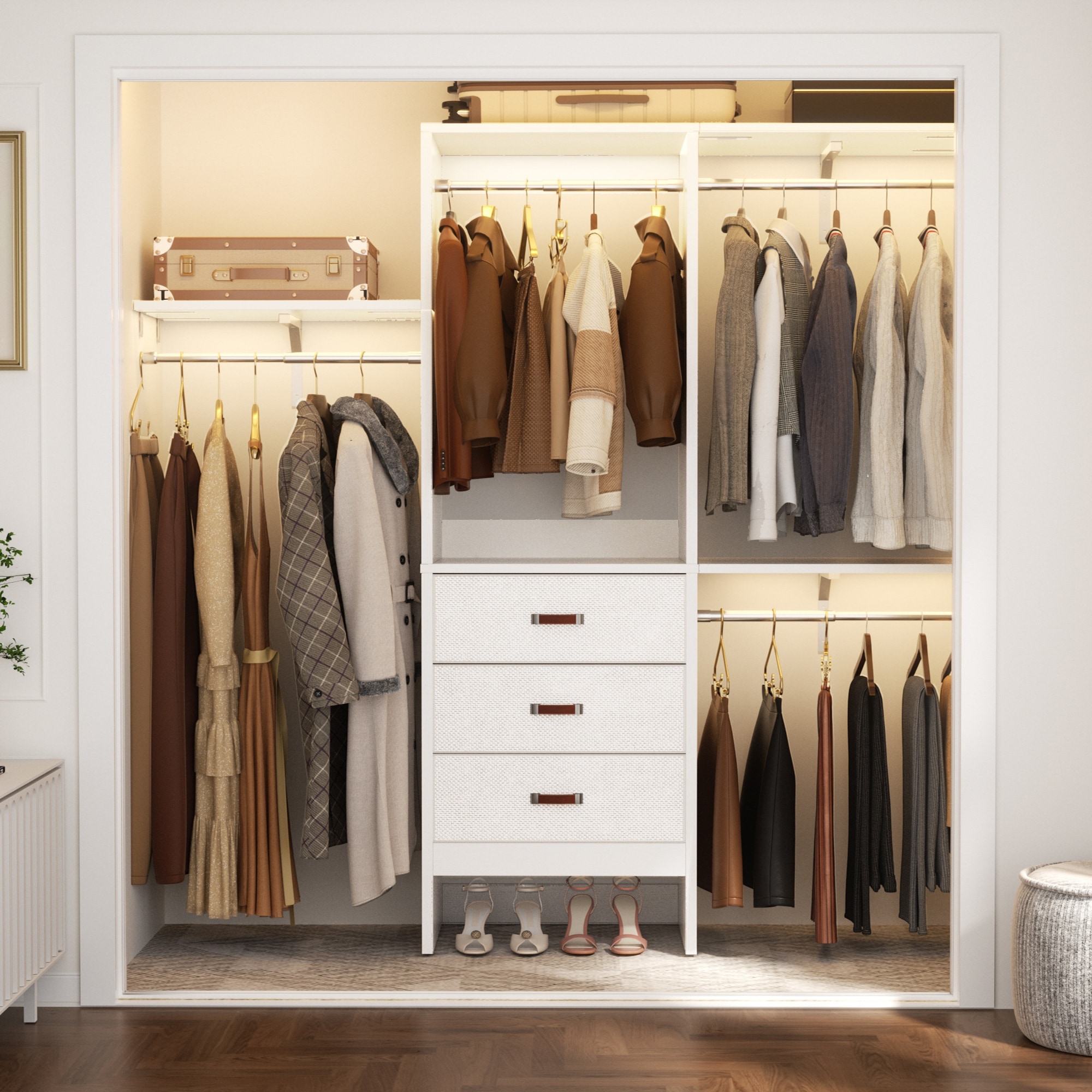 5FT Closet System with 3 Fabric Drawers, DIY Closet Organizer with Adjustable Hanging Rods