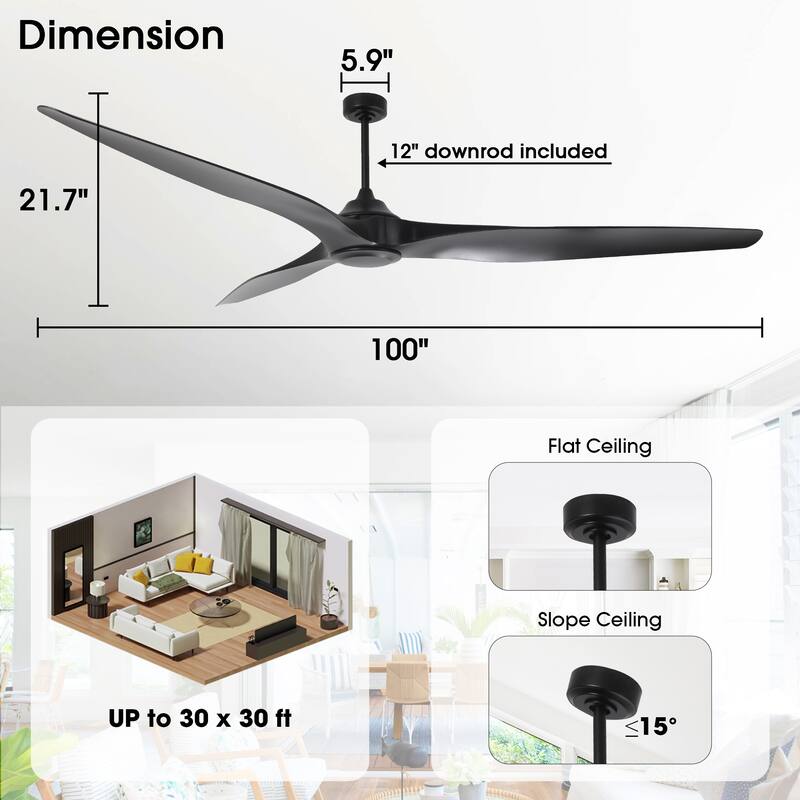 100" Industrial Black Extra Larger Propeller ABS 3-blade Outdoor Ceiling Fan without Light