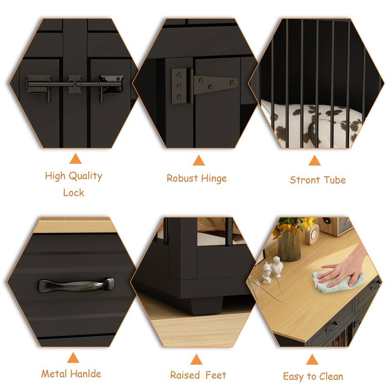 Wooden Dog Crate Kennel Furniture for 2 Dogs with Divider & Drawers