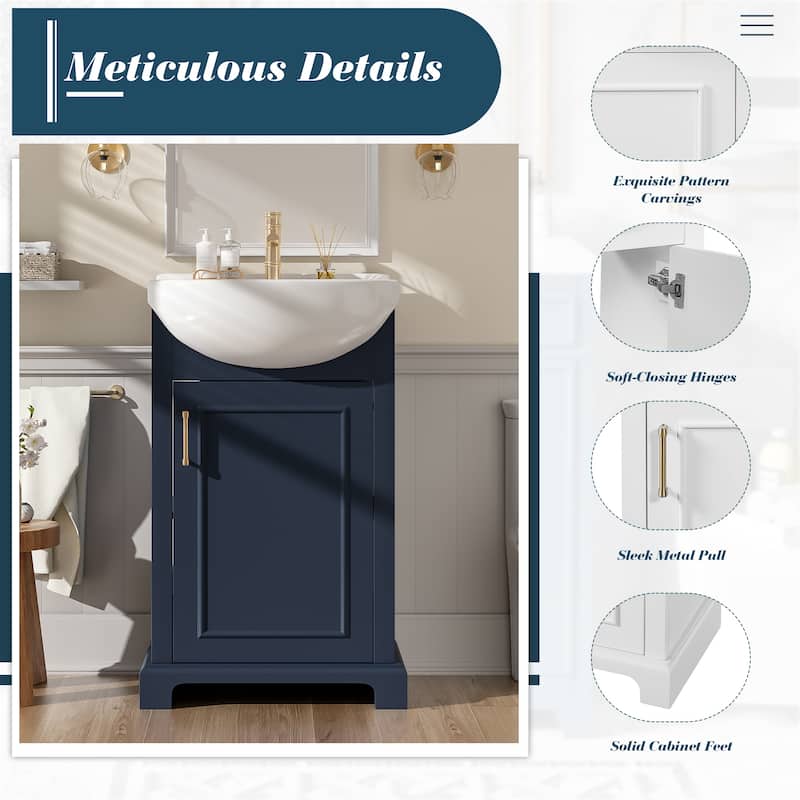 20-inch Bathroom Vanity with Ceramic Sink, Freestanding Single Vanity Set with Soft Closing Door, Bulged Ceramic Basin