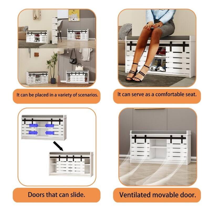 Modern Shoe Storage Bench, 2-Tier Entryway Bench with 2 Sliding Barn Doors - No Drawers - White