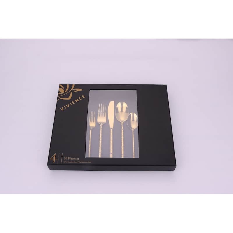 20 Pc Flatware Set Pebbled Gold - Service For 4