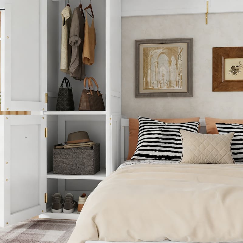 Queen Size Murphy Bed with Wardrobe Built-in Clothes Bar and Shelves,Space-Saving Hidden Wall Bed with Desk and Charging Station