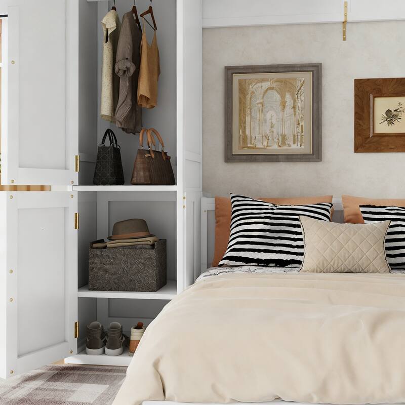 Queen Size Wood Murphy Bed with Wardrobe, Space-Saving White Wall Bed Frame with Hidden Desk and Charging Station, Gas Struts