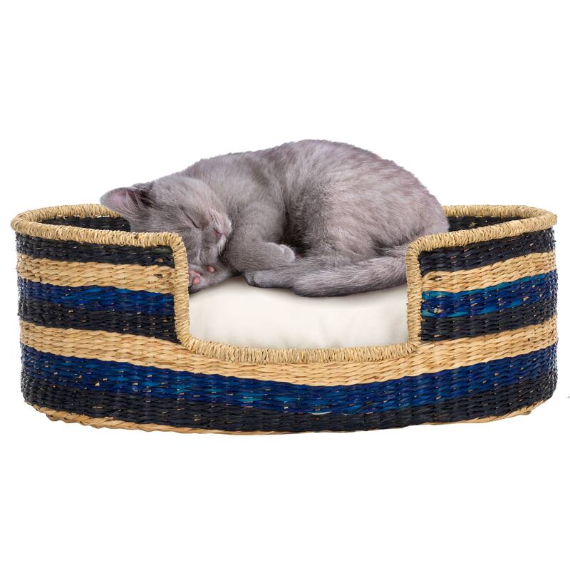 SAFAVIEH Home Elyon 19.7W x 11.8D x 6.3H-inch Beige/Natural/Black/Blue Seagrass Pet Bed with Cushion - 19.7"W x 11.8"D x 6.3"H