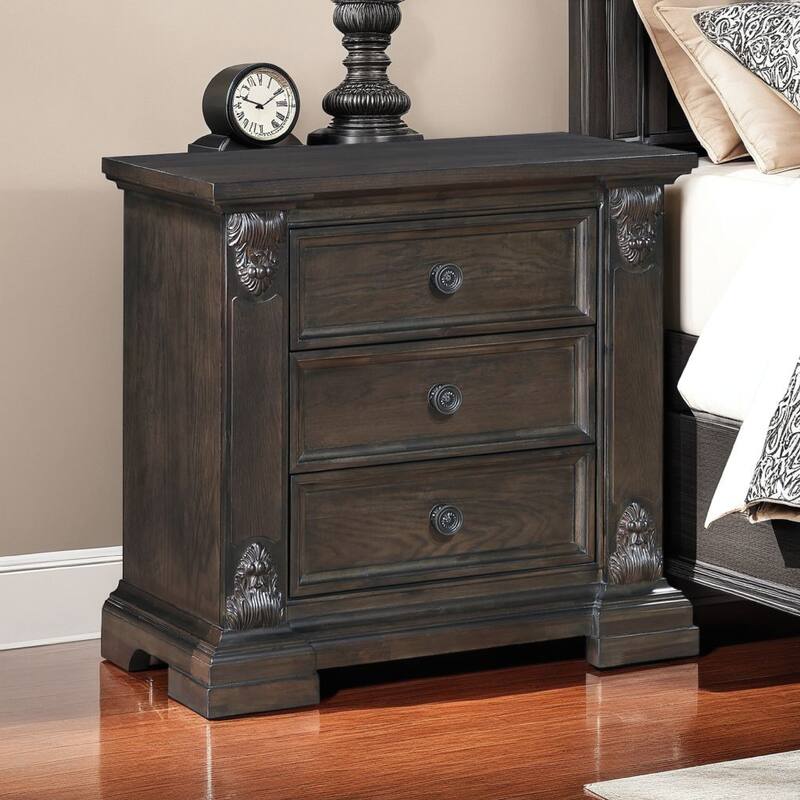 Walz Nightstand, 3 Drawers, Espresso Brown Oak Veneer, Black Knobs