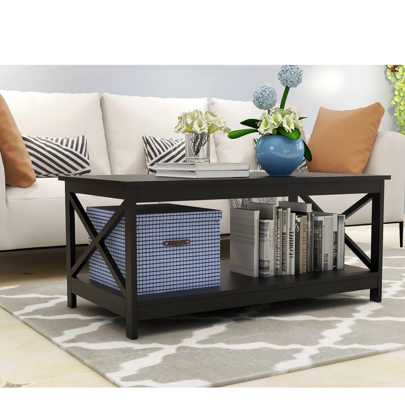 Modern Coffee Table With Bottom Open Shelf Wooden Center Table With X Legs End Table For Living Room