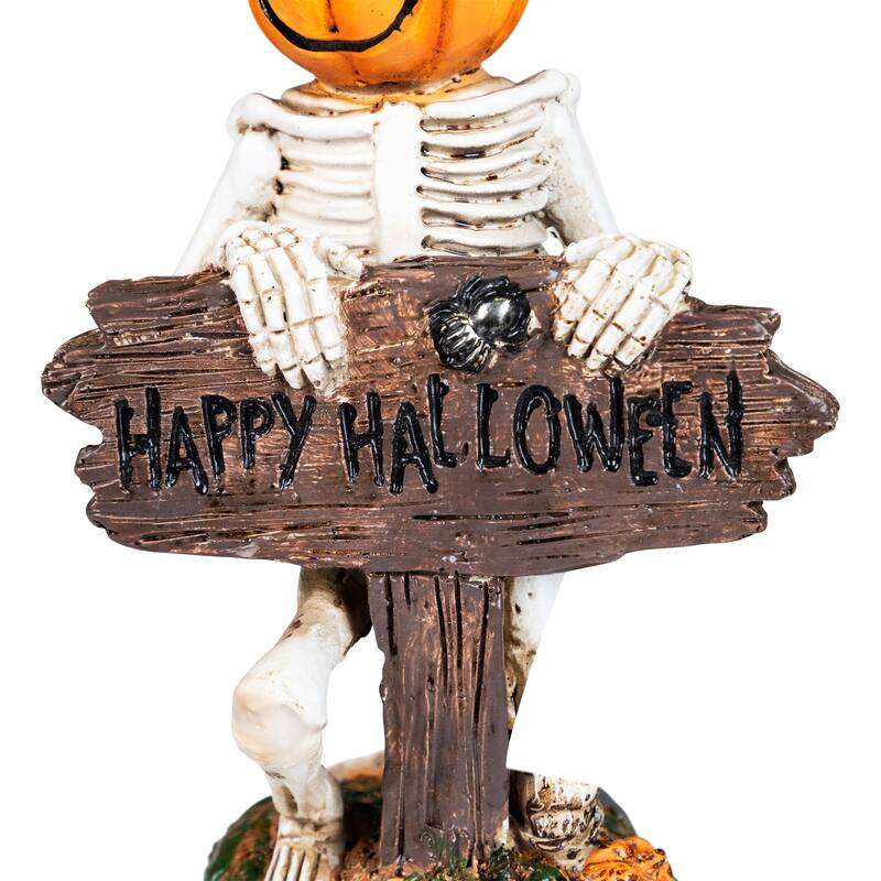 Jack-O-Lantern Skeleton in Witch's Hat and Happy Halloween Sign - 9.5"