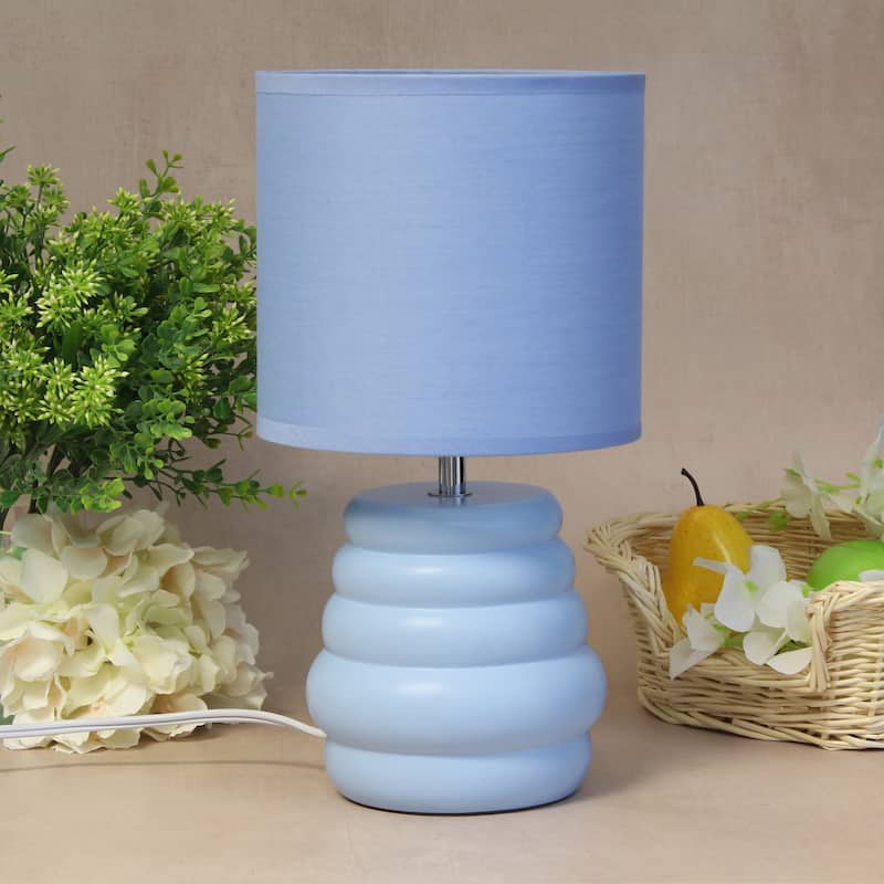 Stacked Ceramic Mini Table Lamp with Fabric Drum Shade Modern Sculptural Accent Lighting Compact Design