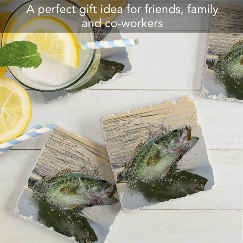 Bass Eruption 4-Pack Absorbent Stone Coasters with Protective Cork Backing 4" Square Made in The USA Easily Wipes Clean