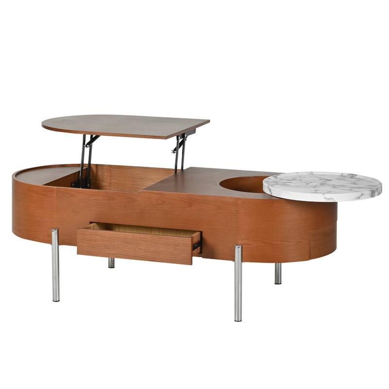 47.2" Lift Top Coffee Table with 360° Rotating Tray - Marble-Patterned Modern Oval Table with Hidden Compartment for Living Room
