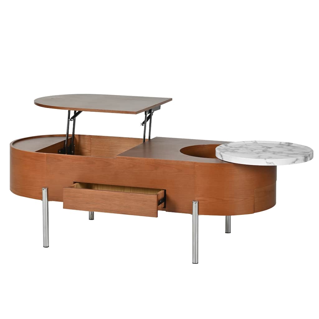 47.2'' Lift Top Coffee Table with 360° Marble-Patterned Rotating Tray, Hidden Compartment & Modern Oval Tabletop for Living Room