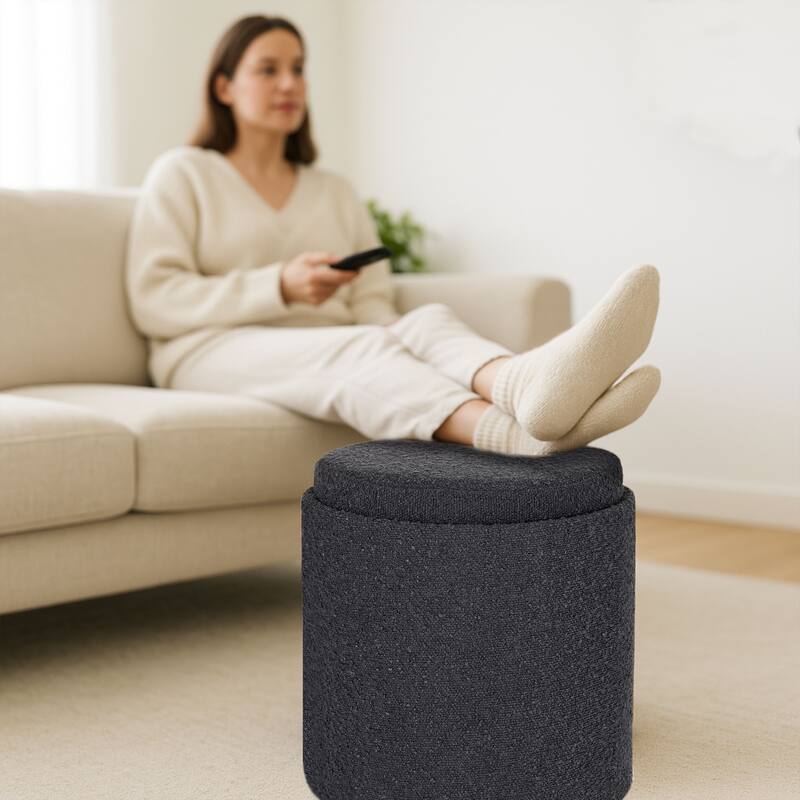 Black Boucle Tufted Storage Ottoman Foot Stool with Removable Tray
