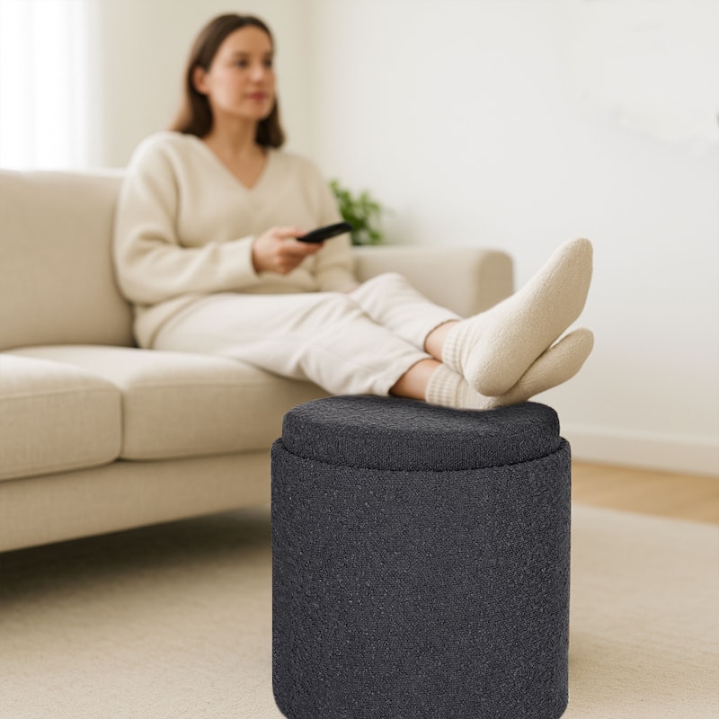 Boucle Tufted Round Storage Ottoman with Removable Tray Foot Stool