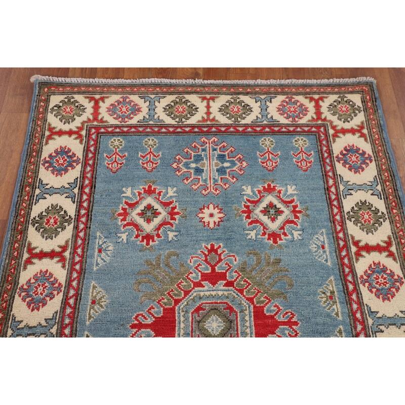Blue Geometric Kazak Foyer Rug Hand-Knotted Oriental Wool Carpet - 3'4" x 4'11"