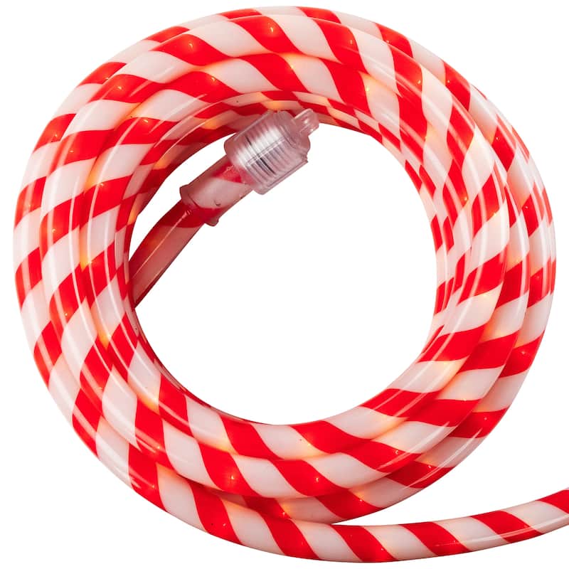 18' Red and White Striped Candy Cane Outdoor Christmas Rope Lights