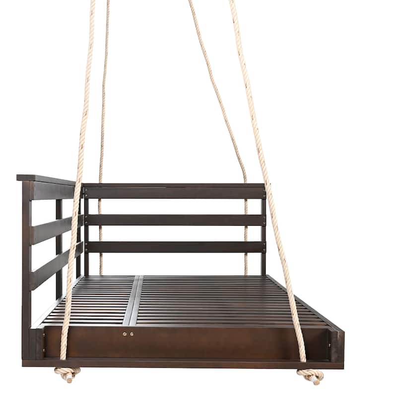 Country Patio Wooden Twin Size Swing Daybed Porch Swing Frame with 4pcs 96-inch Hemp Ropes for Backyard, Garden