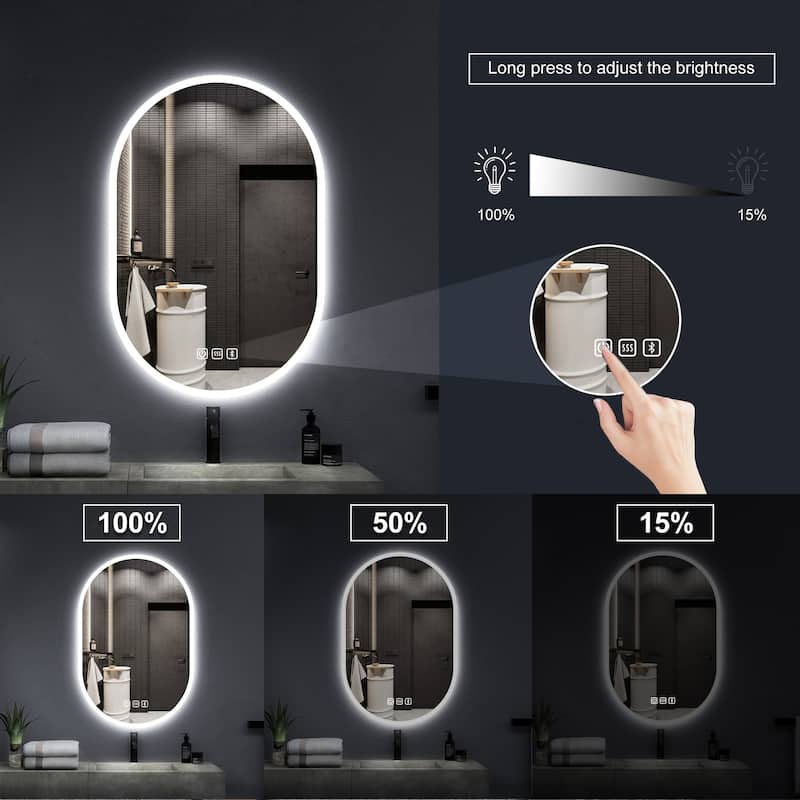 24 in. W x 36 in. H Large Oval Frameless Wall-Mount Anti-Fog LED Light Bathroom Vanity Mirror - 24" x 36"