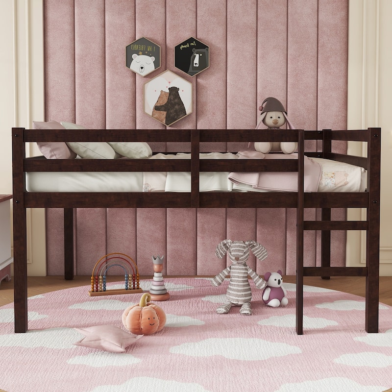 Espresso Full Loft Bed with Ladder - Rubber Wood Frame, Underbed Storage Space - Espresso