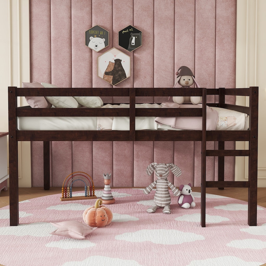 Espresso Full Loft Bed with Ladder - Rubber Wood Frame, Underbed Storage Space