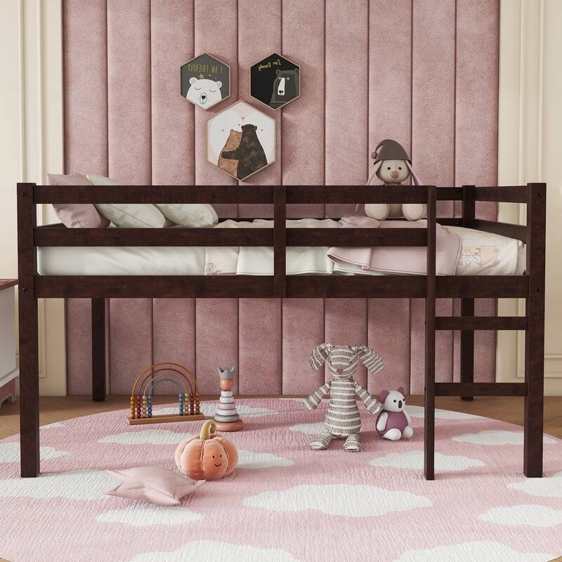 Roomfitters Full/Twin Rubber Wood Loft Bed with Ladder, Reinforced Slat Platform, Low Height Design, Espresso - Espresso - Full