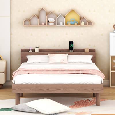 Walnut Modern Design Twin Size Platform Bed with Built-in USB port for Bedroom