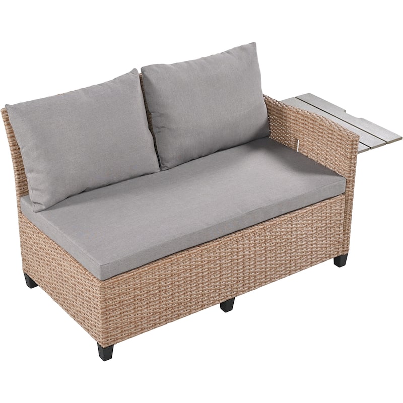 Roomfitters 5-Piece Outdoor PE Wicker Patio Sofa Set with 2 Extendable Side Tables, Dining Table