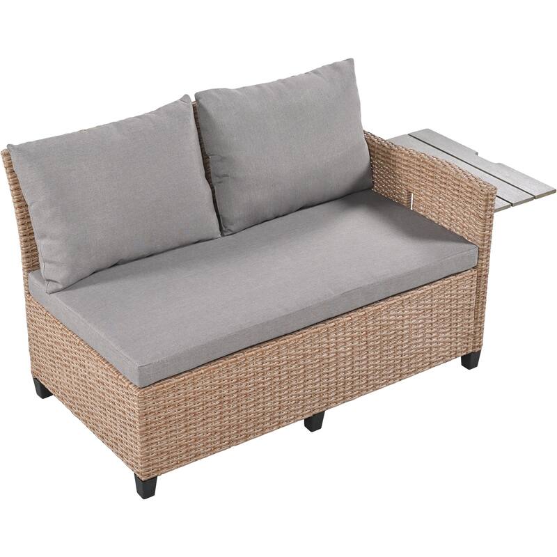 Roomfitters 5-Piece Outdoor Rattan Sofa Set, Patio Sectional Furniture with Dining Table, Storage Bench, Side Trays