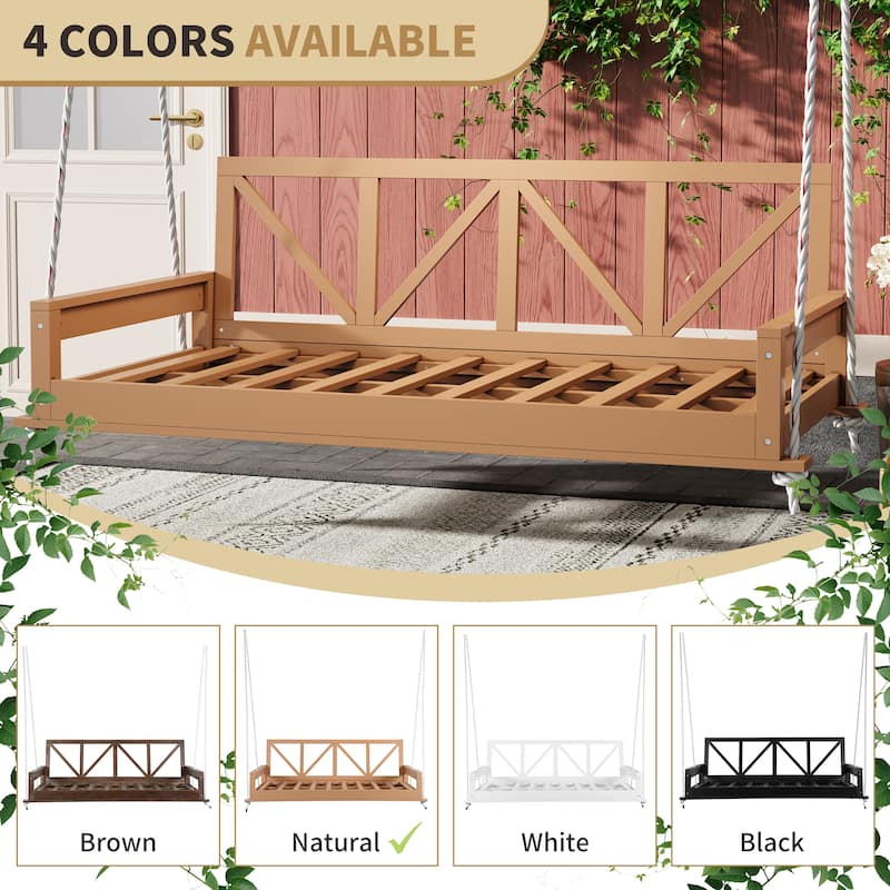 Acacia Wood Twin Size Patio Swing Bed Modern Porch Swing Hanging Bed Frame with 16.4ft Hemp Ropes