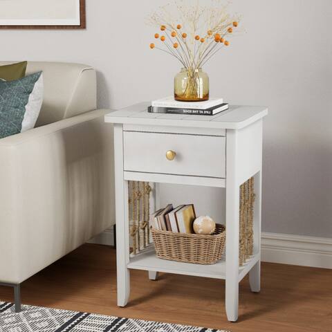 COSIEST White Solid Wood 1-Drawer Nightstand with Hemp Ropes
