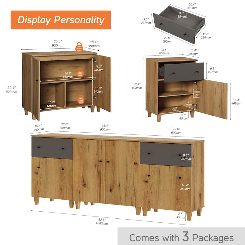 Wood Dresser with 2 Drawers and 3 Cabinets for Bedroom, 83" Wide