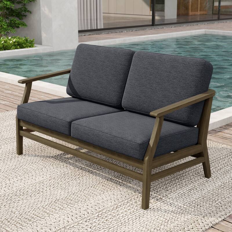 Patio Teak Wood Outdoor Loveseat Sofa with Cushions - Natural Wood - Dark Grey