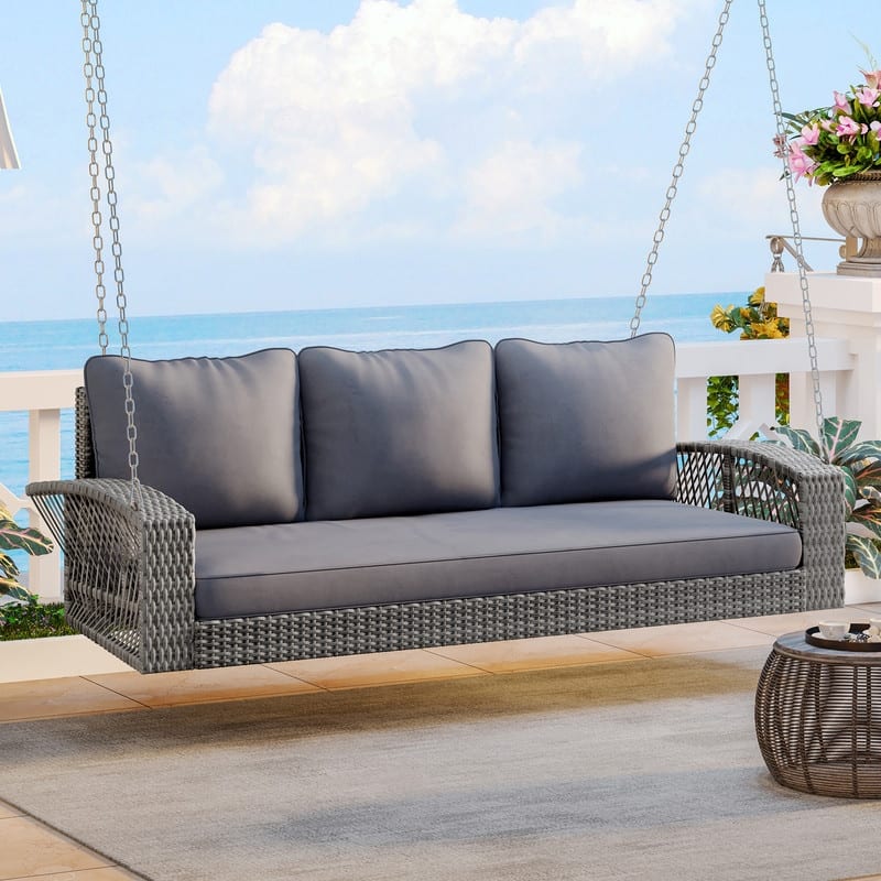 PE Wicker 3-Person Porch Swing with Chains, Swing Bench with Cushions