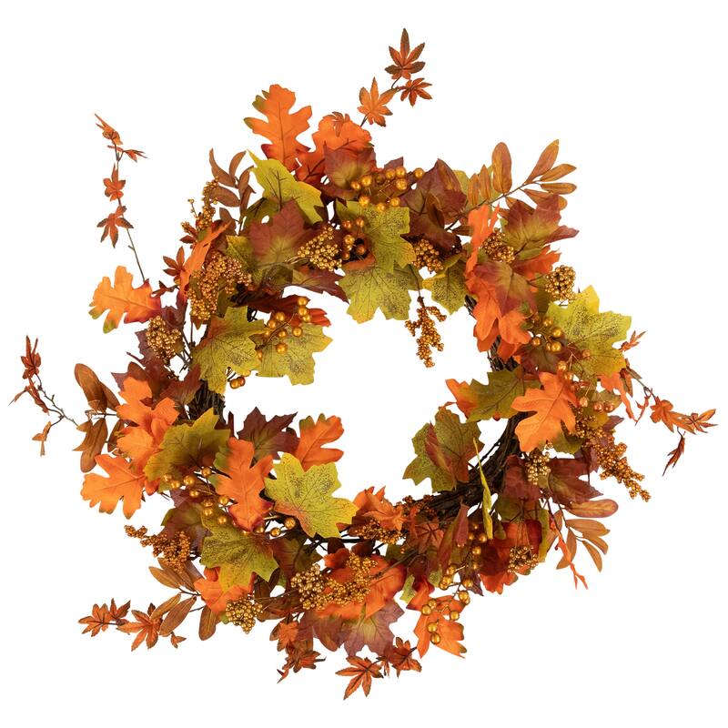 Fall Foliage Gold Berries Artificial Autumn Twig Wreath - 32", Unlit