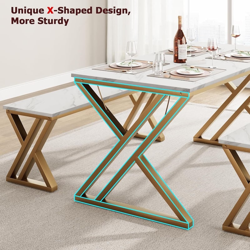 Kitchen Table Set , with X Metal Frame and Benches