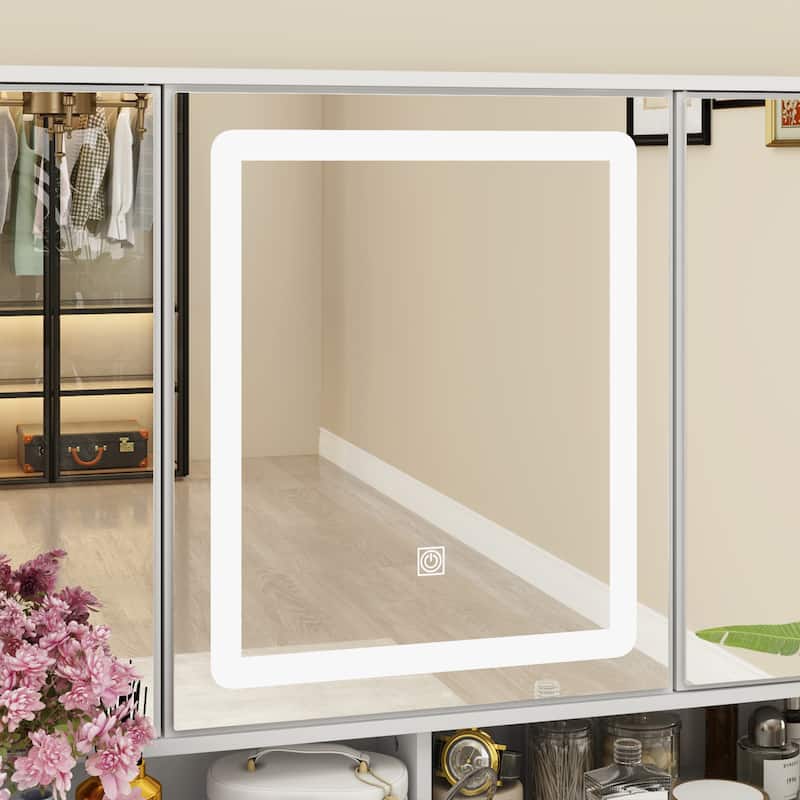 43.3"W Makeup Vanity White Vanity Desk with Hidden Storage Shelves