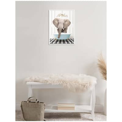 Kate and Laurel Sylvie Elephant Front in Blue Bathtub on Checker Floor Framed Canvas by Amy Peterson