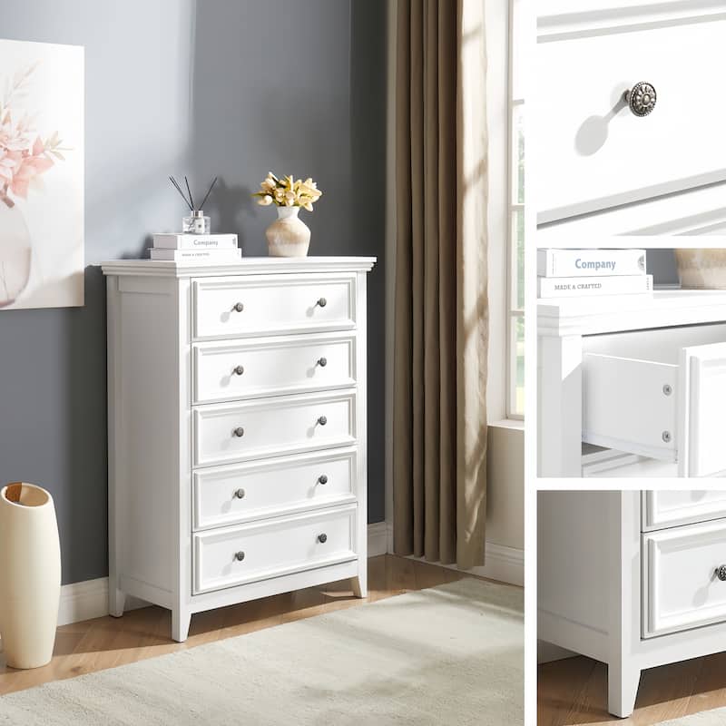 White Farmhouse 5-Drawer Dresser, Stylish Storage Cabinet Solution