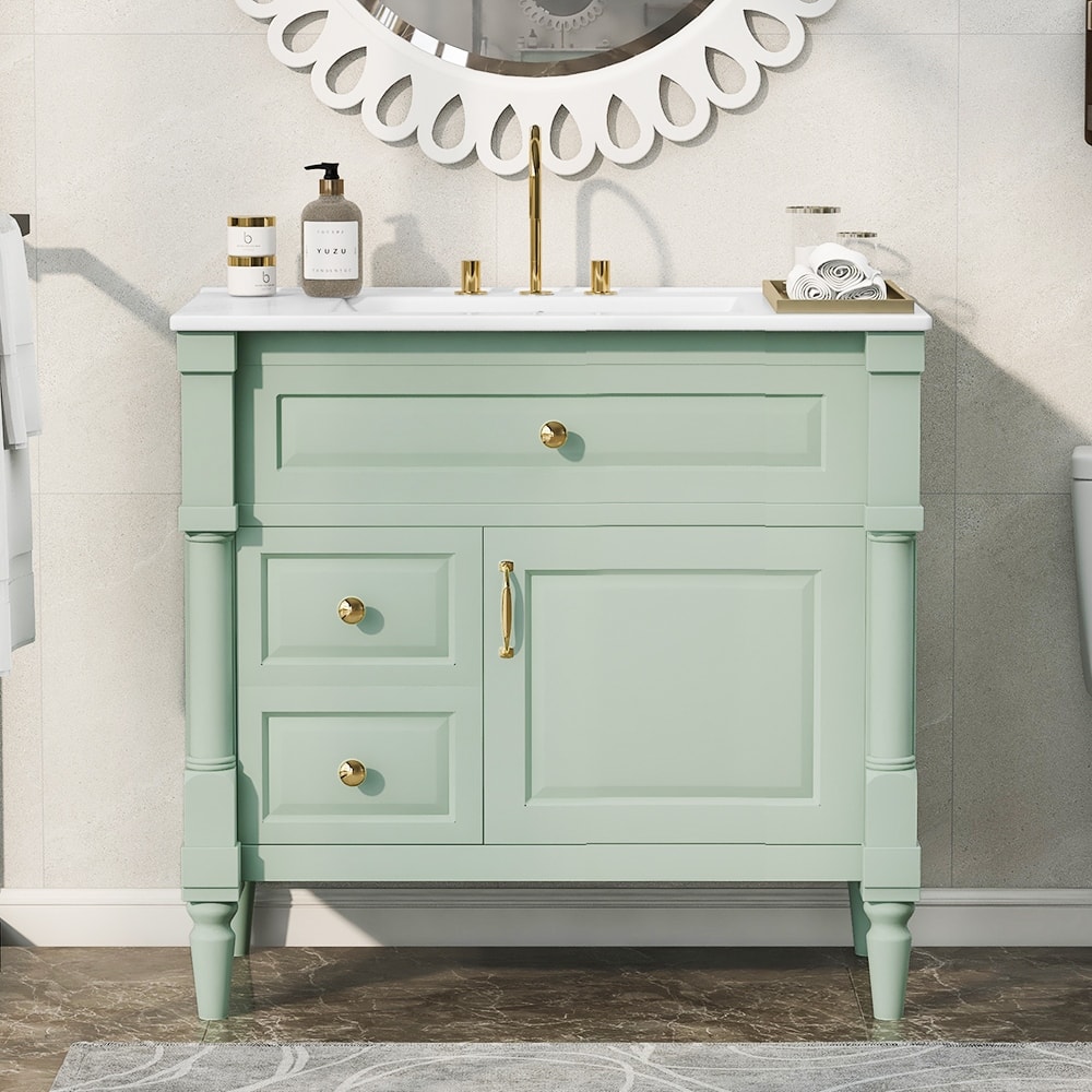 Roomfitters 36" Bathroom Vanity with Sink, Solid Wood Frame, Flip Drawer, 2 Drawers & Door Rack