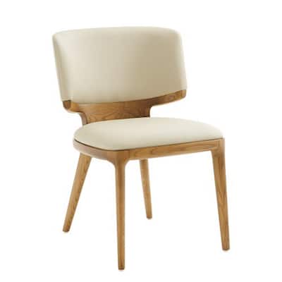 Cid 21 Inch Walnut Dining Chair, Set of 2, Beige Vegan Leather, Curved Back