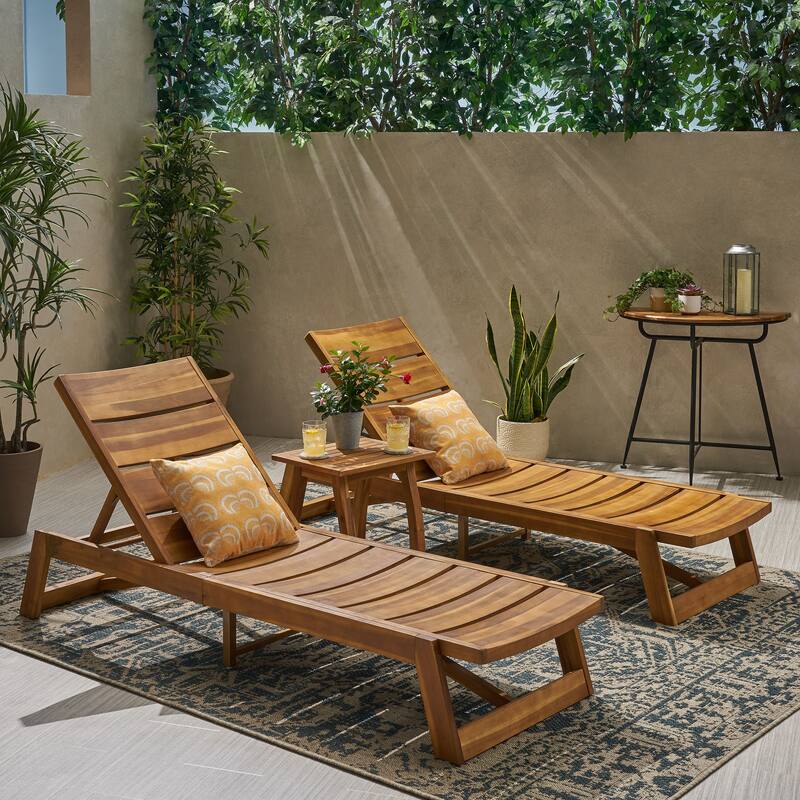 Mahi Outdoor 3 Piece Acacia Wood Chaise Lounge Set by Christopher Knight Home - Teak Finish + Yellow Metal