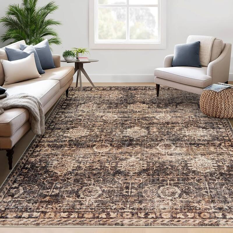 Vintage Boho Washbale Floor Cover Area Rug for Bedroom, Living Room, Brown - 1'6" x 2'6" - Brown 8' x 10'