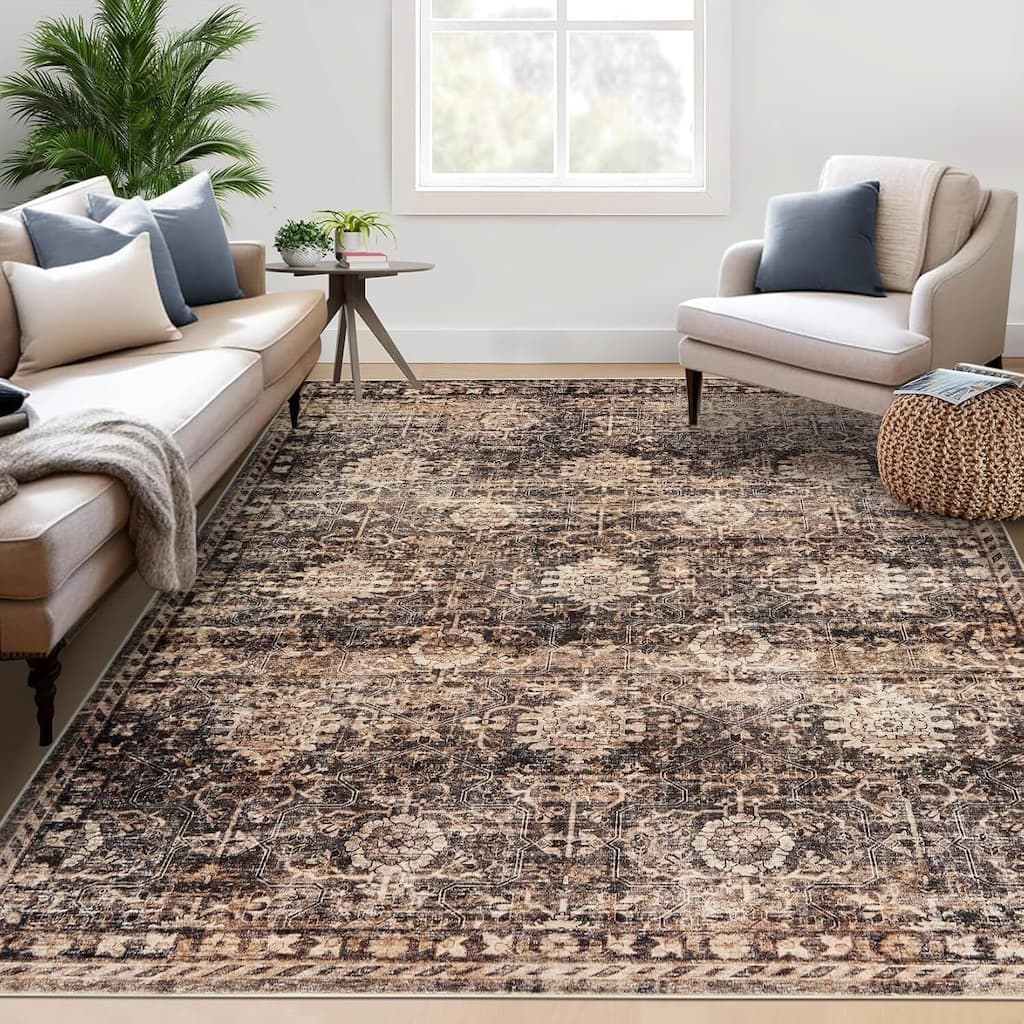 Vintage Boho Washbale Floor Cover Area Rug for Bedroom, Living Room, Brown - 1'6" x 2'6"
