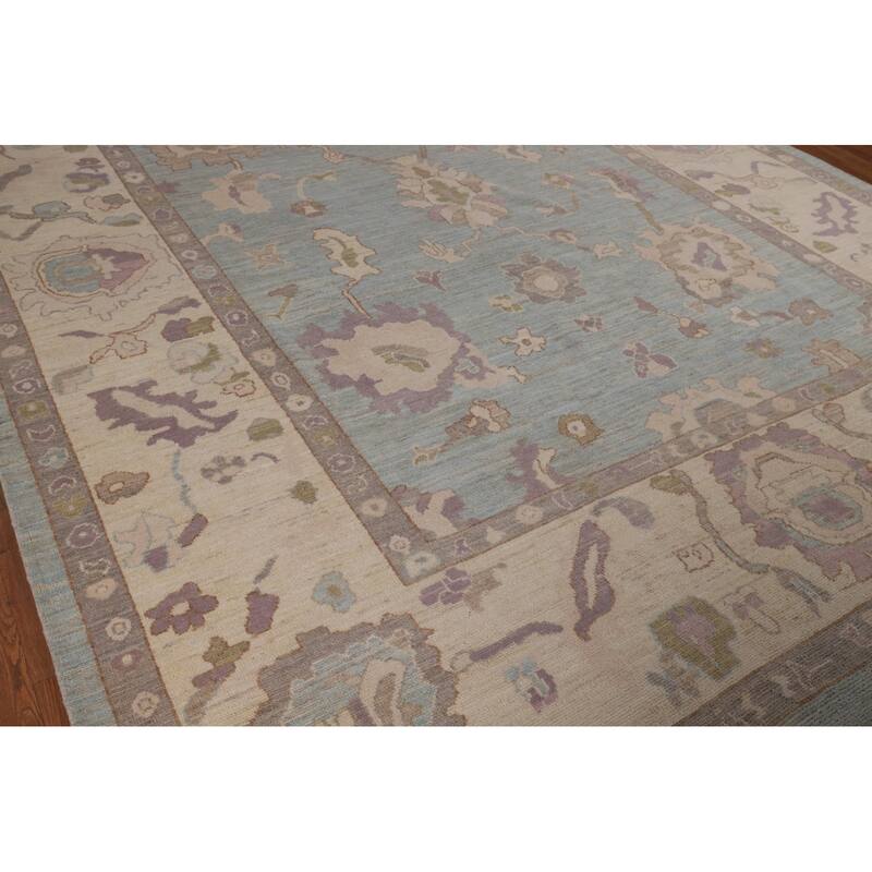 Light Blue Oushak Area Rug Hand-Knotted Vegetable Dye Wool Carpet - 9'1"x 12'2"
