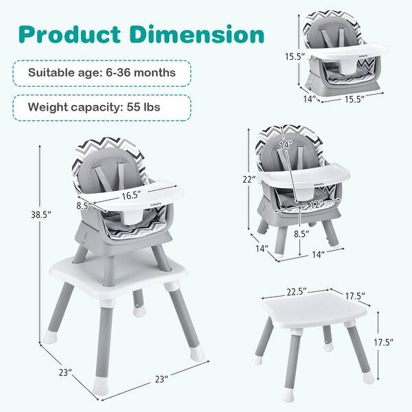 dimension image slide 3 of 4, Baby High Chair, 8 in 1 Convertible Highchair, Table & Chair Set | Toddler Chair w/Safety Harness, Removable Tray