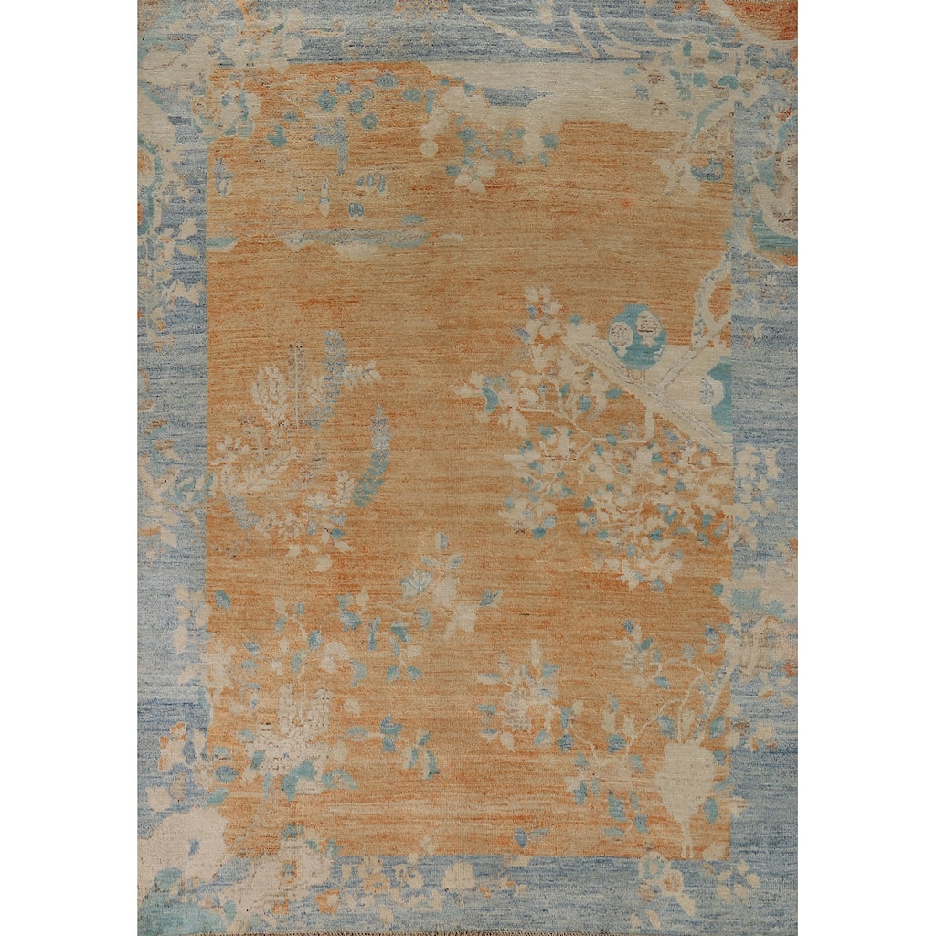 Vegetable Dye Orange Art Deco Turkish Rug Hand-Knotted Wool Carpet - 4'10"x 6'8"