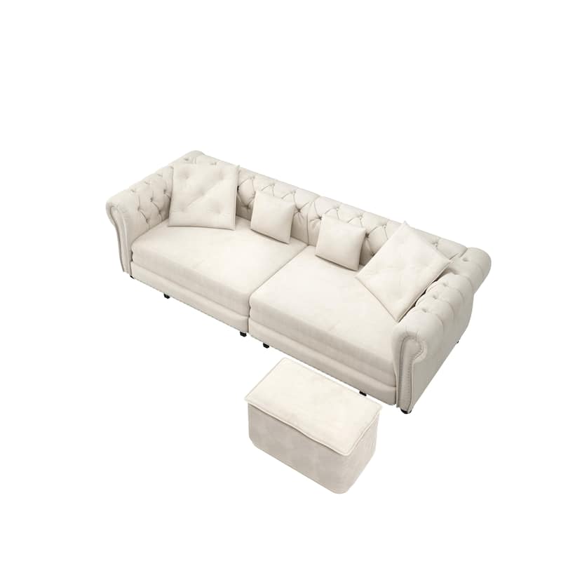 Oversized Chesterfield Loveseat Sofa, Convertible Pull Out Sleeper Sofabed Velvet Couch Bed w/Movable Ottoman and Nailhead Trim